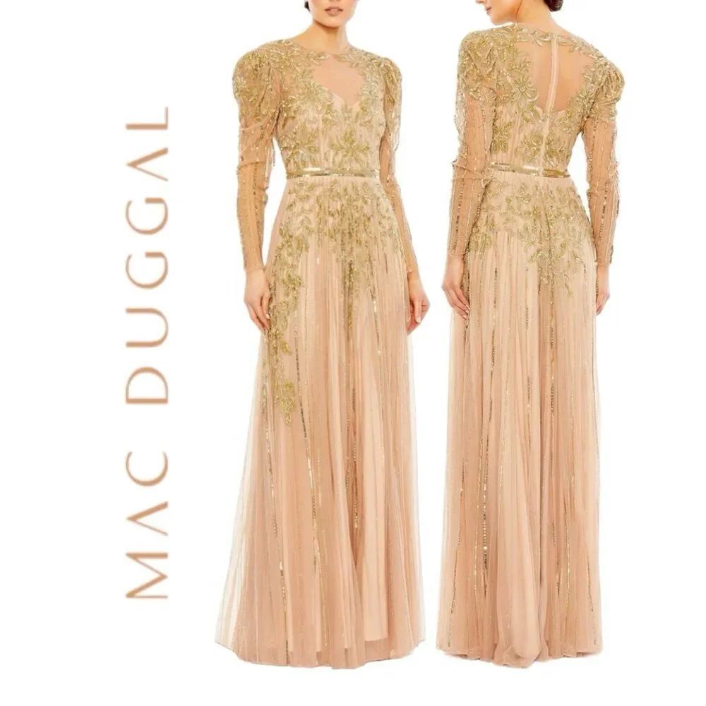 MAC DUGGAL Women’s Beaded Illusion Puff Sleeve Gown in the Size 6 in Nude Gold